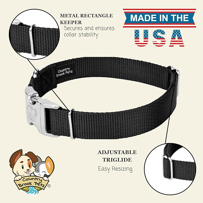 Country Brook Petz - Premium Nylon Dog Collar with Metal Buckle for Small Medium Large Breeds - 10+ Cool Colors (Small, 3/4 Inch, Black)