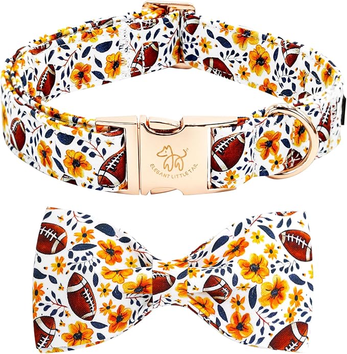 Elegant little tail Fall Dog Collar, Orange Floral with Rugby Print Pet Collars with Bow Puppy Collar Female or Male Cotton Adjustable Collars for Small Medium Large Dogs