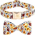 Elegant little tail Fall Dog Collar, Orange Floral with Rugby Print Pet Collars with Bow Puppy Collar Female or Male Cotton Adjustable Collars for Small Medium Large Dogs