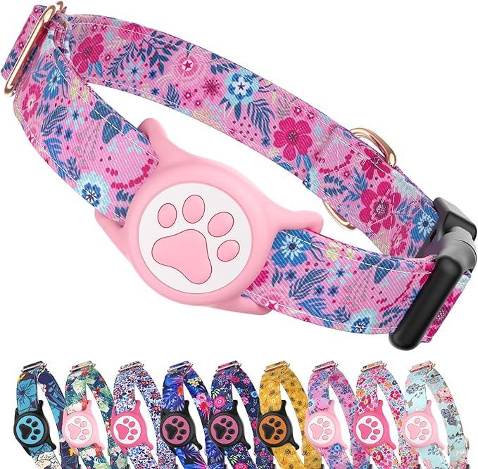 WhoseID Airtag Dog Collar,with Waterproof airtag Holder，Original Stylish Cute Pattern Design.QR Code ID Buckle，Comfortable Soft Cotton for Small Medium Large Dogs