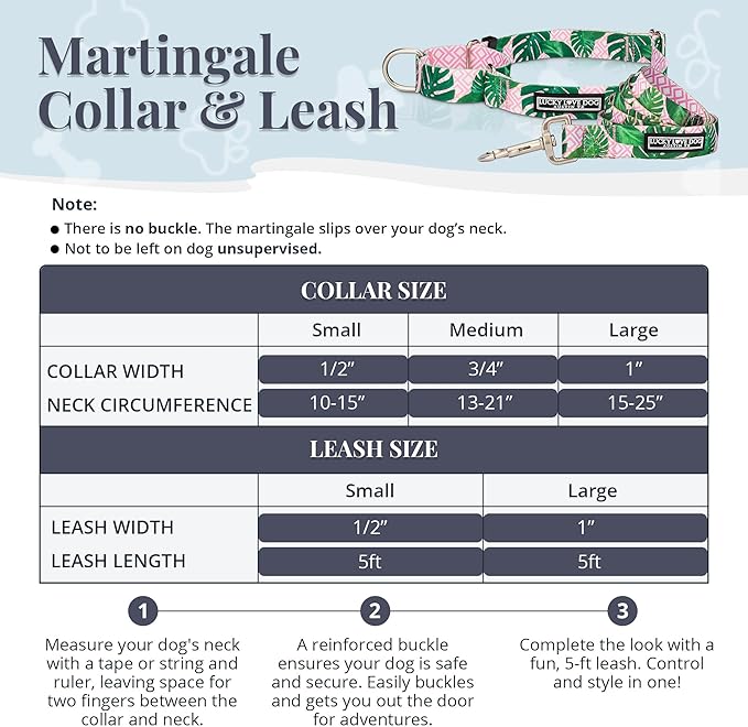 Lucky Love Dog Martingale Dog Collar & Leash - Adjustable, No-Slip, Durable, Comfortable, Soft Webbing, & Stylish Patterned Collar & Leash Set for Male and Female Dogs - Laguna Mart Combo, Small