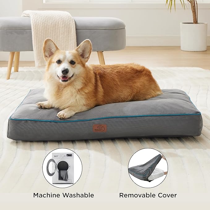 Bedsure XL Washable Dog Bed - 3 Inch Thicken Up to 100lbs Pet Mat Pillows with Removable Washable Cover, Grey