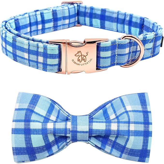 Elegant little tail Dog Collar with Bow - Blue Plaid Boy Dog Collar Cute Bowtie Pet Collar Adjustable Dog Collar for X-Large Dog
