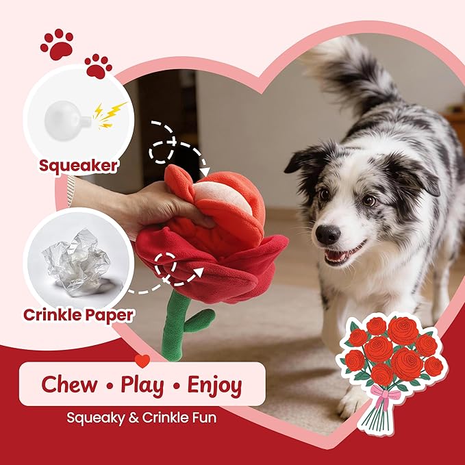 Nocciola Valentine Day Tearable Pull Apart Dog Toy, Interactive Rose Plush with Squeaky & Crinkle, Hide Treats Puzzle Toy for Aggressive Chewers, Gift for Small Medium Large Dogs