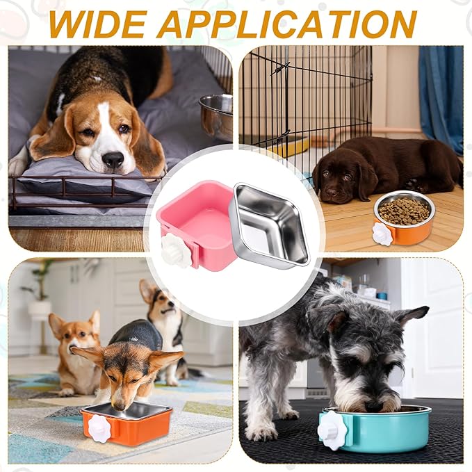 Crate Dog Bowl, Removable Stainless Steel Pet Cage Hanging Anti-Overturn Food Water Feeder Cage Cup (2Pcs, Square, Pink/Green, 11.1oz), Intended for Puppies/Cat/Rabbit/Bird