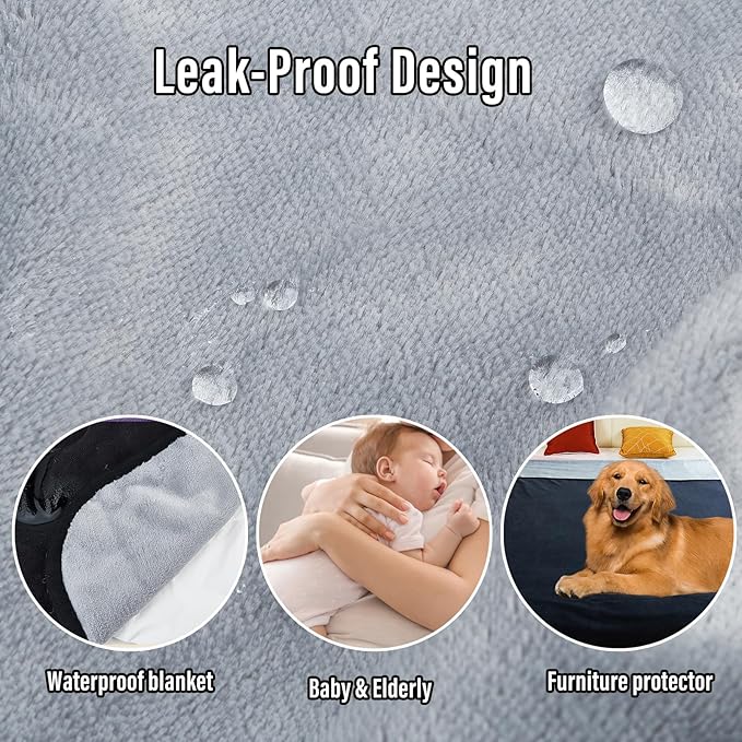 Waterproof Blanket for Bed Couch Sofa, 60"x80" Reversible & Washable, Waterproof Blanket Queen Size, Water Resistant Twin Bed Blankets, Leakproof (Black/Light Grew)