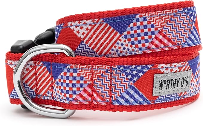 THE WORTHY DOG Collar for Large Dogs, Adjusts 15-21 inches, Durable Nylon Webbing, Quick Release Buckle, Americana Pattern, Red/White/Blue, Large