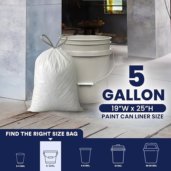 Plasticplace 5 Gallon Trash Bags - White Drawstring Garbage Bag Liners, 19" x 25" (100 Count) – Durable, Leak-Proof, Multi-Purpose Tall Kitchen, Bathroom, Office and Car TrashBags Plastic Bags 0.9 Mil