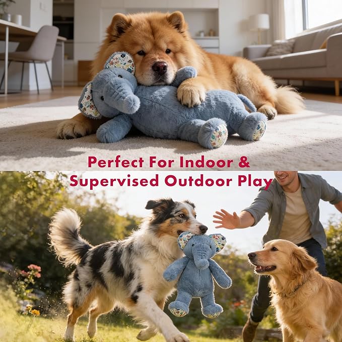 Pet Lou 15" Elephant Plush Dog Toy with Squeakers and Crinkle Paper, Super-Soft Durable Plush, Interactive Stuffed Dog Toy for Indoor & Outdoor Play, Blue
