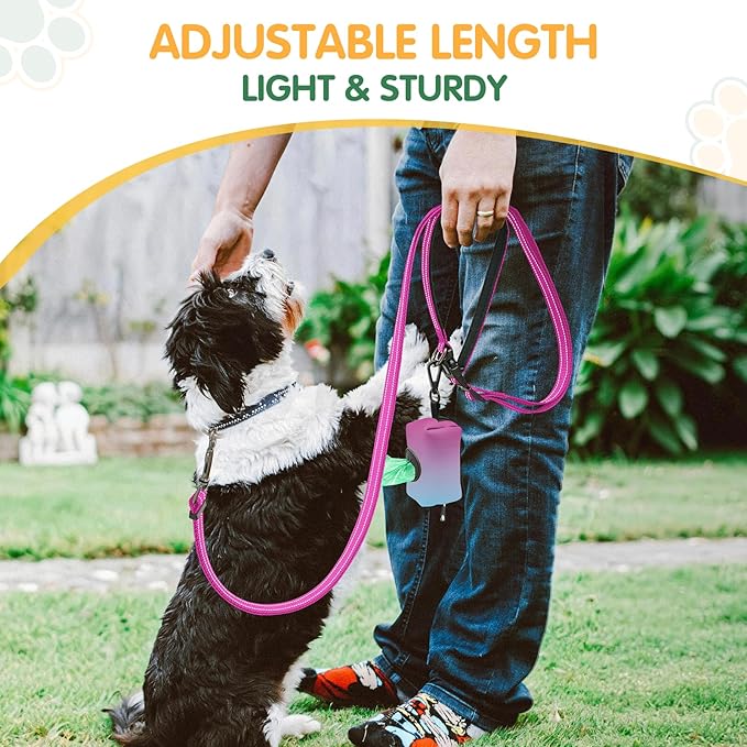 Kazazoo Hands-Free Christmas Dog Leash with Poop Bag Holder, Adjustable 4-7 Ft Waist for Dog Walking, Running for Small & Medium Dogs with Reflective Strips, Nylon Waist Belt, Hotpink