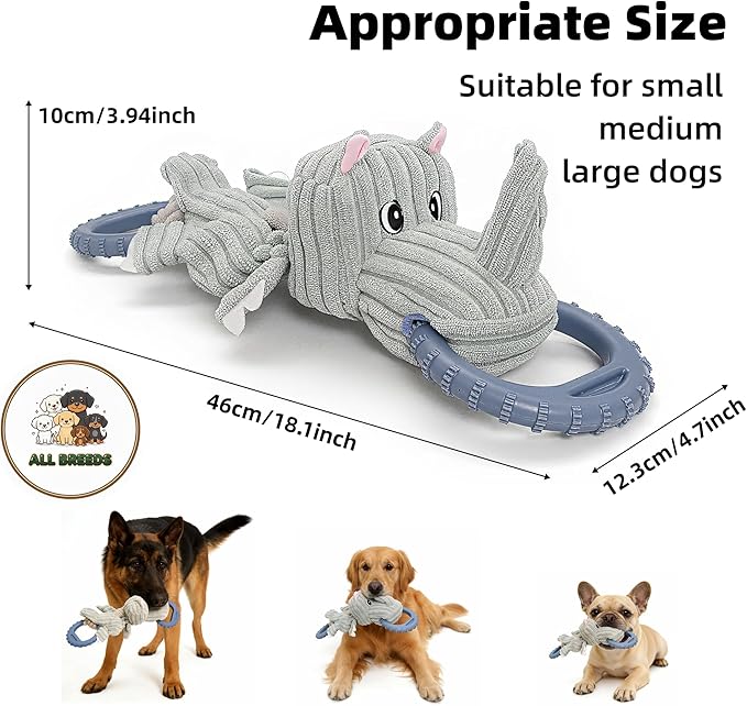 Corduroy Dog Chew Toy with Squeaker and Interactive Rubber Ring for Small Medium Large Breeds - Ideal for Tug of War and Fetch Play (Medium, Rhino)