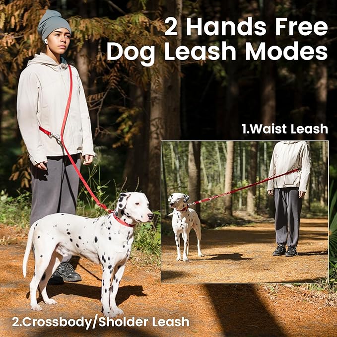 HOWGO Hands Free Dog Leash with Padded Handle,Multifunctional Crossbody Waist Leash for Walking Running Jogging Training,7.5 FT Nylon Adjustable Length for All Breeds(Red, Standard)