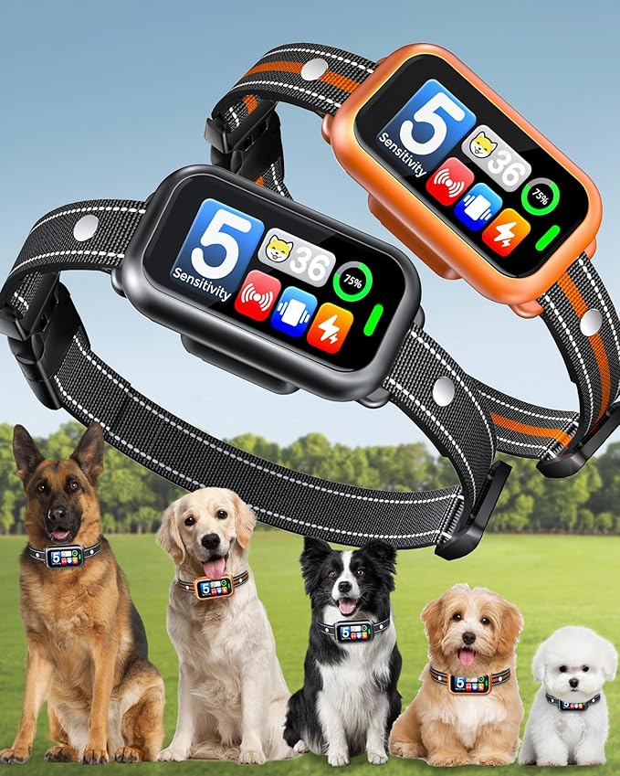 2 Pack Dog Bark Collar for Large Medium Small Dogs, 1s Fast Stop Barking Rechargeable Smart Bark Collar, Anti Barking Training Collar, 5 Adjustable Sensitivity Beep Vibration Shock with Airtags Case