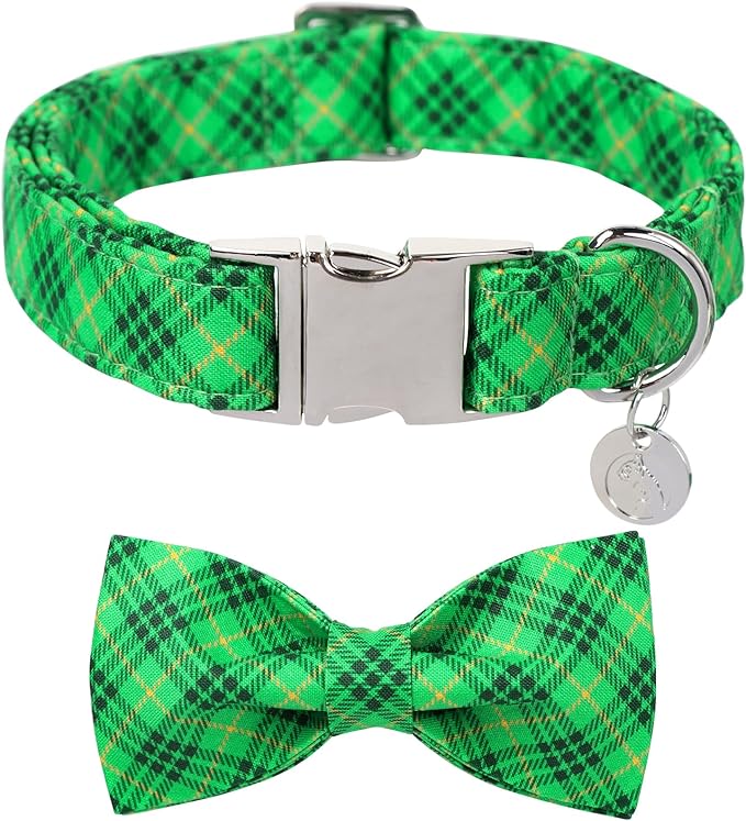 DOGWONG St. Patrick's Day Dog Collar-Cute Green Dog Collar with Bow, Cotton Green Plaid Bowtie Dog Collars with Metal Buckle for Small Medium Large Dogs