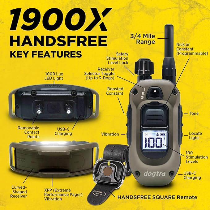 Dogtra 1900X Handsfree E-Collar for Dog Training - 3/4 Mile Range, for Dogs 35 lbs+, Waterproof, 100 Stimulation Levels, Vibration, Tone, Rechargeable - Hands-Free Remote for Dog Owners and Trainers