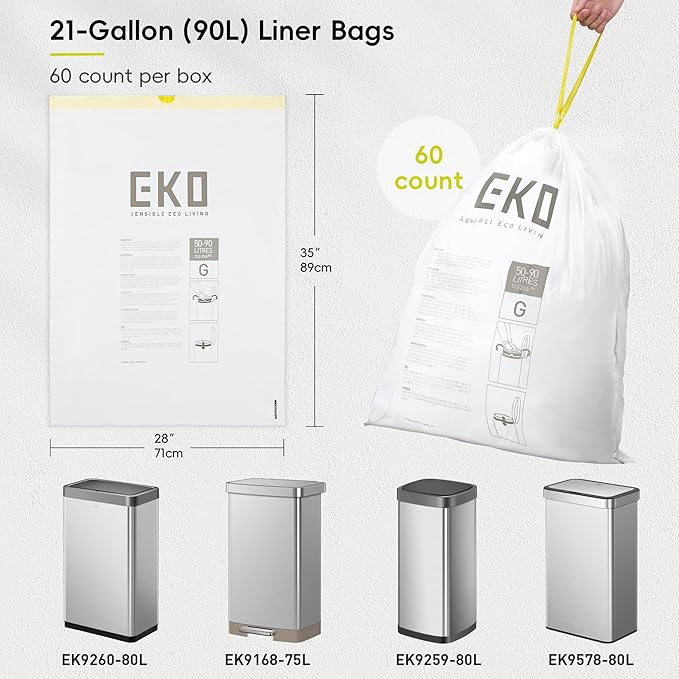 EKO 21 Gallon / 50-90 Liter, 60 Count Drawstring Trash Bags, Extra-Strong Garbage Bags, Lemon Zest Scent with Continuous Odor Control, Easy-Dispense Roll for Kitchen and Household Use, Code G, White