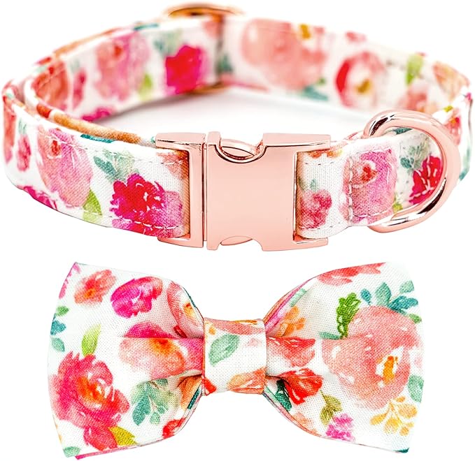 Tunkoo Dog Collar Elegant Floral Bow Tie Unique Style Super Soft Comfy Adjustable Cotton Collar with Premium Metal Buckle, for Puppy Small Medium Large Pet Supplies（Gouache，L）