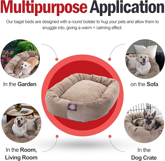 Majestic Pet 24 Inch Micro Velvet Calming Dog Bed Washable – Cozy Soft Round Dog Bed with Spine for Head Support - Fluffy Donut Puppy Mat 24x19x7 (inch) Small - Pearl