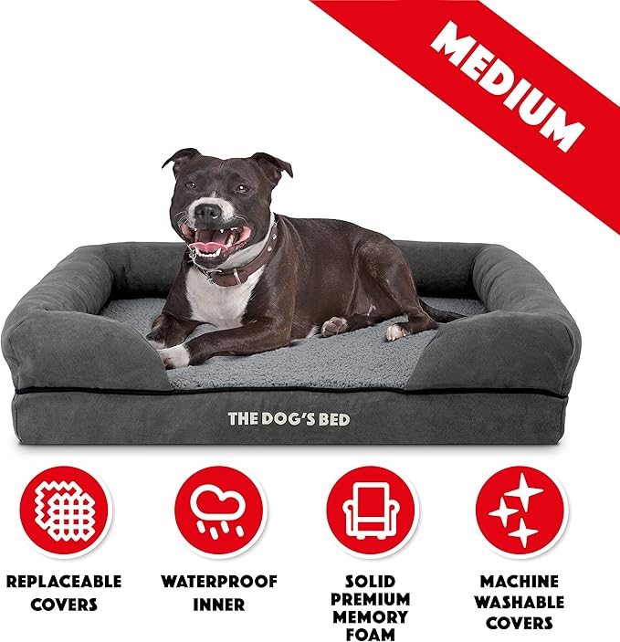 The Dog’s Bed Orthopedic Memory Foam Dog Bed with Bolsters, Plush Fabric, Grey Plush, Medium