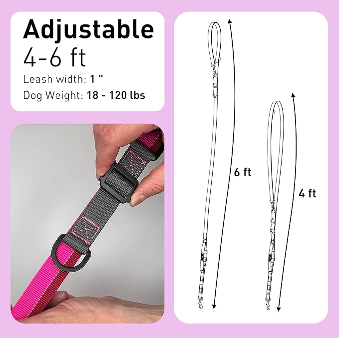 Cross Body Dog Leash - Waist or Shoulder Leash for Walking and Hiking with Medium and Large Dogs, Adjustable 4 to 6 FT Outdoor Bungee Lead with Traffic Handle by Nuvuq (18-120 lbs, Pink)