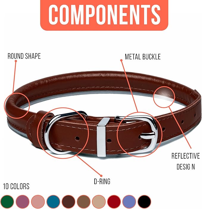 OOPSDOGGY Rolled Leather Dog Collar Reflective Roll Collars for Small Medium Large Dogs Puppy (Cognac, M, 12''- 15'')