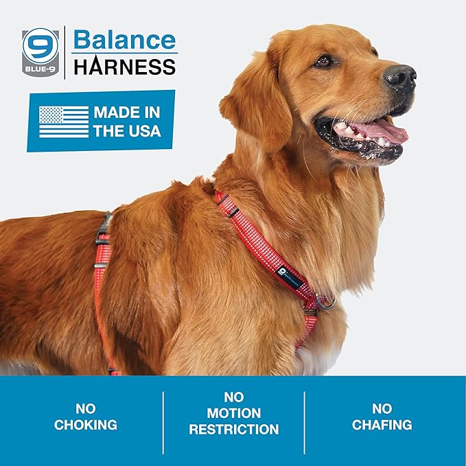 Blue-9 Reflective Buckle-Neck Balance Harness, Fully Customizable Fit No-Pull Harness with 3M Reflective Stitching, Ideal for Dog Training and Obedience, Made in The USA, Red, Large
