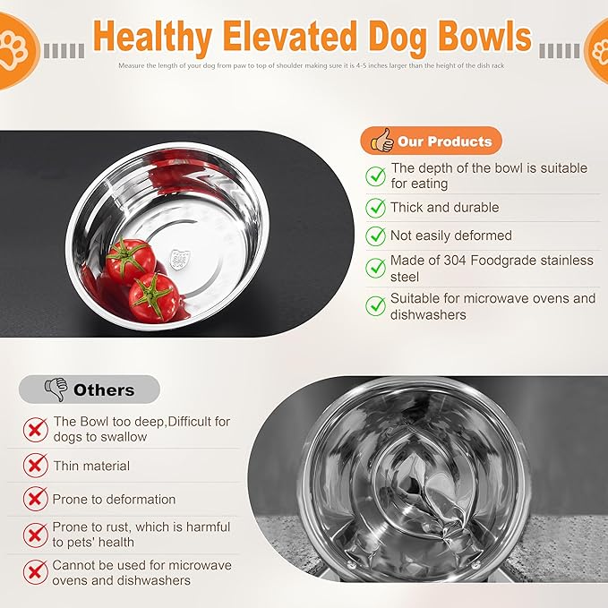 Piskyet Large Elevated Dog Bowls, Metal Raised Dog Bowl Stand with 304 Stainless Steel Bowls (7.5 Cups - 55oz), Non-Slip Tall Stand for Large Breed Dogs