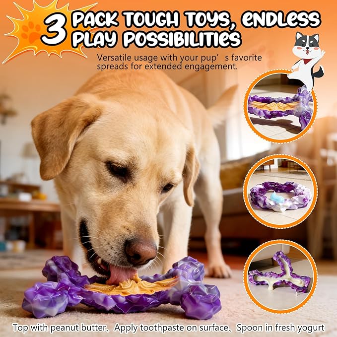 3 Pack Tough Dog Chew Toys for Aggressive Chewers - Bacon Flavored, Suitable for Small Medium Large Dogs, Almost Indestructible Toys to Keep Them Busy & Teething Cleaning