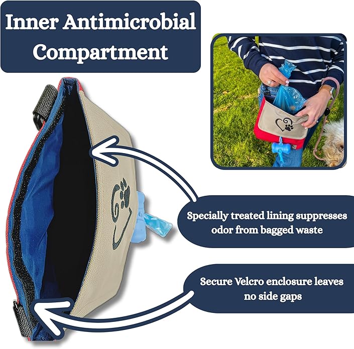 Waggin' Trails WoofPack Dog Walking Bag – Odor‑Controlled Poop Bag Holder with Storage for Treats, Phone & Keys – Navy/Tan