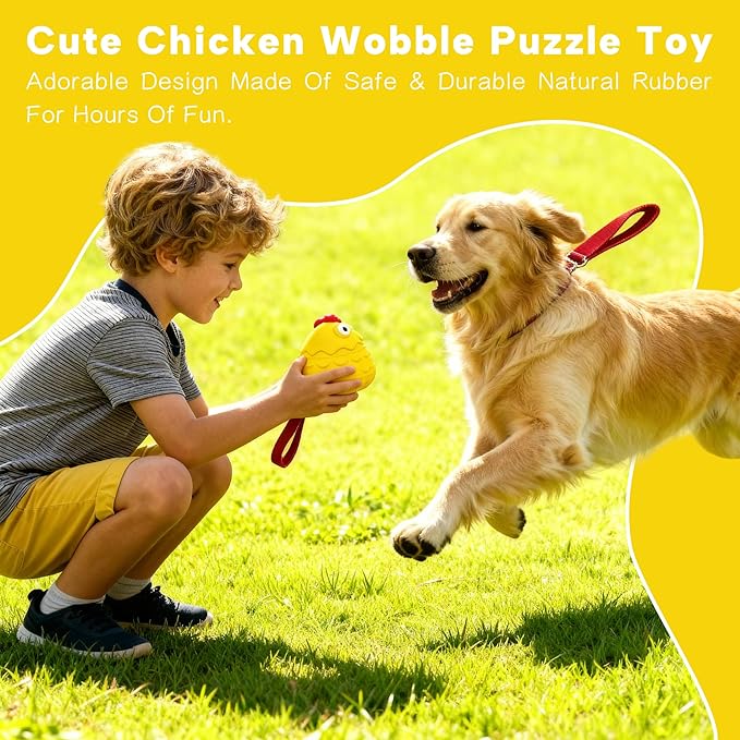 Interactive Dog Toy Ball - Squeaky Treat Dispenser, Pull Handle & Wobble Puzzle, Durable Natural Rubber Chicken Chew Toy for Boredom Relief, IQ Training for Small Medium Large Dogs