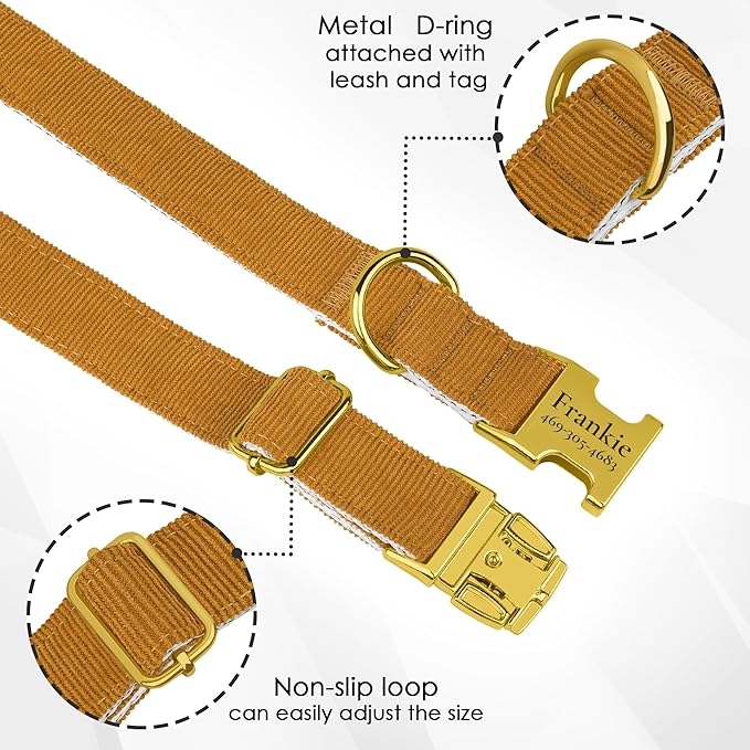Personalized Dog Collar with Gold Metal Buckle, Velvet Custom Dog Collars for Small, Medium & Large Dogs – Puppy Collars with Metal Buckle, 4 Sizes, 8 Colors (Light Brown, XL, 19"-24")