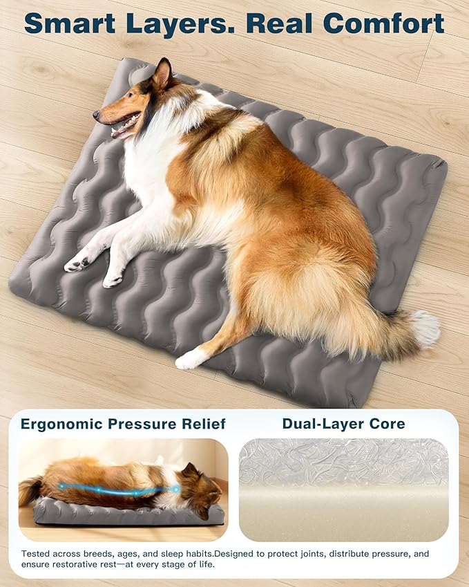 Orthopedic Dog Bed Outdoor Waterproof Dogs Crate Bed for Large Medium Small Dogs, Washable Cooling Dog Bed Mat with Removeable Cover & Memory Foam（36" x 27", Grey