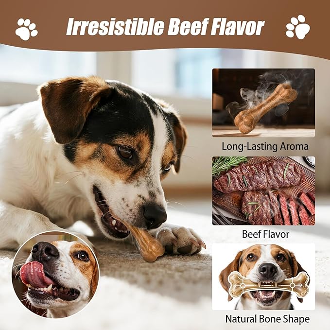 SCHITEC Dog Bone Chew Toy for Small Dogs & Puppies, Beef Flavor Teething Toy, Durable Dog Toy for Aggressive Chewers, Teeth Cleaning, 1Pc
