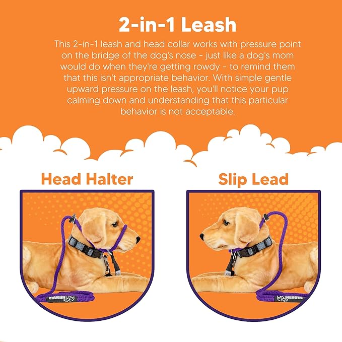 Heather's Heroes Sidekick Dog Headcollar with Leash - Effective Dog Training Tool for Leash Reactivity and Behavior Issues (Purple, Mini (1/4"))