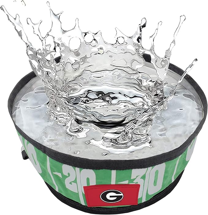 Pets First NCAA Georgia Bulldogs Collapsible Dog Travel Bowl, Food and Water Bowl for Dogs & Cats. Lightweight Leak-Proof Pet Bowl for Travel with Football Field & Pebble-Grain Design