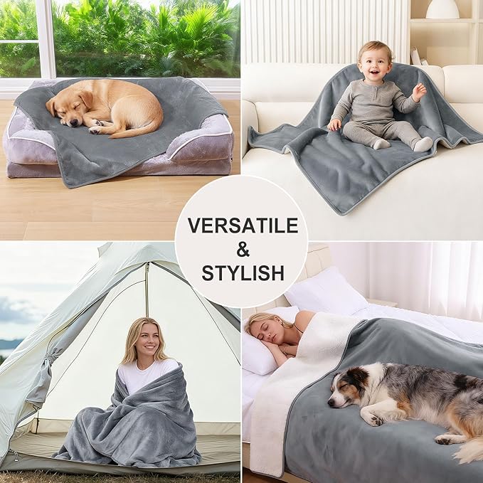 Smiry Waterproof Dog Bed Blanket, Leakproof Pet Throw Blanket for Bed Couch Sofa, Reversible Sherpa Fleece Furniture Protector Cover for Small Medium Large Dogs Cats (Grey, 32x40 inches)