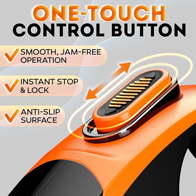 Retractable Dog Leash 18.2 ft – Chew Proof Cable Included – 360° Tangle-Free Design – Heavy Duty Reflective Leash – Soft Anti-Slip Grip Outdoor for Small Medium & Large Dogs up to 110 lbs (Orange)
