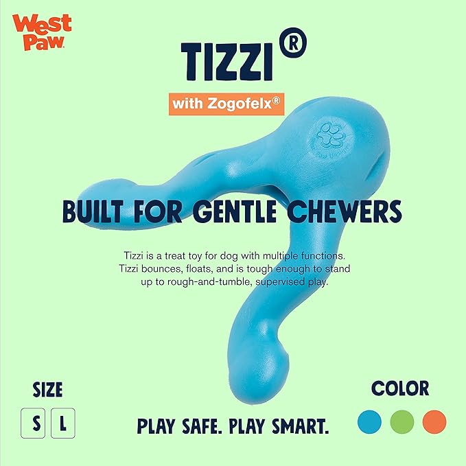 West Paw Zogoflex Tizzi Interactive Treat Dispensing Dog Fetch Play Toy, 100% Guaranteed Tough, It Floats!, Made in USA, 7-Inch Large, Aqua