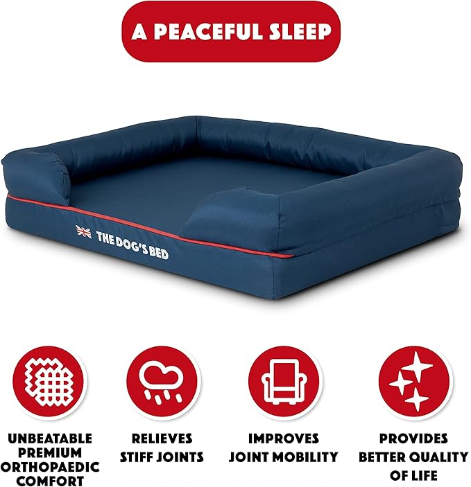 The Dog’s Bed Orthopedic Memory Foam Dog Bed with Bolsters, Oxford Fabric, Blue with Dark Red Trim, Medium