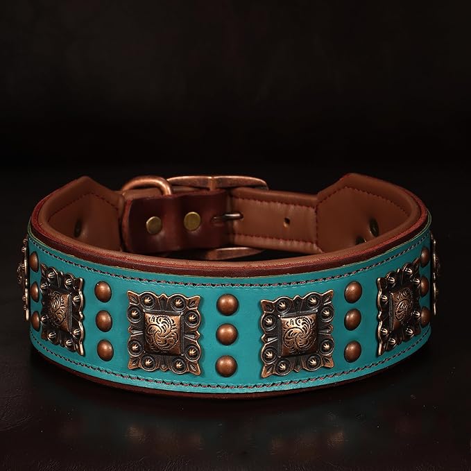 PET ARTIST Soft Padded Leather Dog Collar, 2 inch Wide Genuine Leather Dog Collars with Stylish Studded Rivet & Metal Buckle, Luxury & Adjustable Pet Collars for Medium Dogs,Green,Neck 16-19"