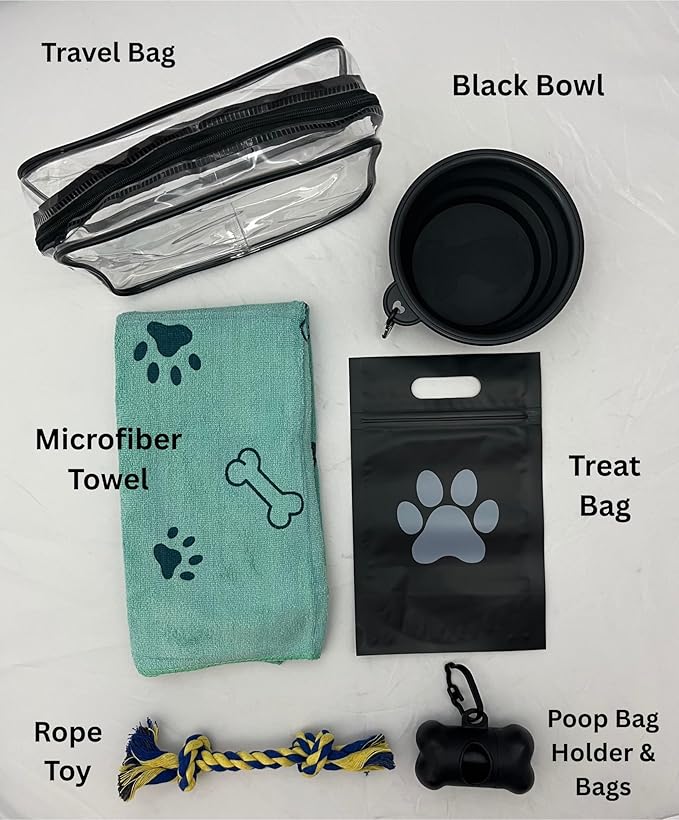 Dog Travel & Outdoor Kit 5-in-1 Black Collapsible Bowl, Rope Toy, Microfiber Bath Towel, Treat Bag & Poop Bag Holder with Bags – Portable, Travel-Ready Dog Walking, Hiking, and Camping.