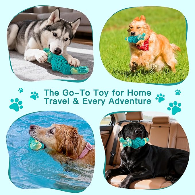 FurtasticiFinds Dog Chew Toys for Aggressive Chewers, Tough Squeaky Dog Toy for Large Medium Dogs, Bacon Flavor Nylon & Natural Rubber, Dental Care Interactive Dog Toys to Reduce Boredom, Teal