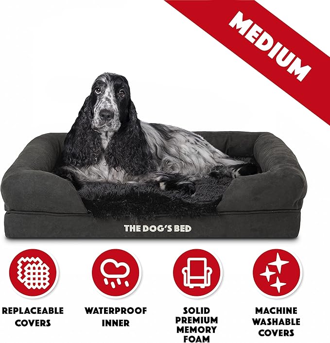 The Dog’s Bed Orthopedic Memory Foam Dog Bed with Bolsters, Fur Fabric, Black Fur, Medium