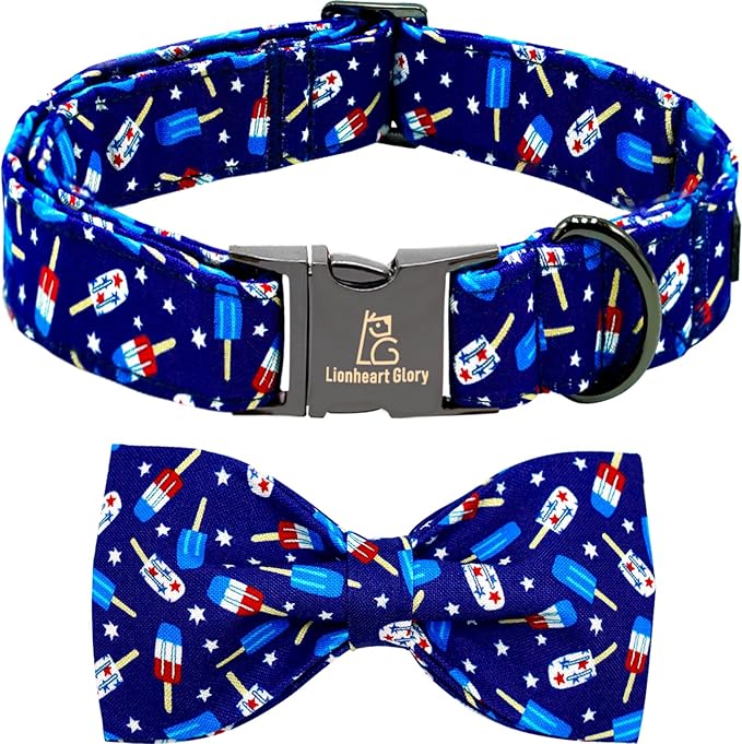 Lionheart glory American Flag Dog Collar 4 of July Independence Patriotic Dog Bow Collars Heavy Duty Adjustable Soft Collar with Bowtie for Large Dogs Pet Gift
