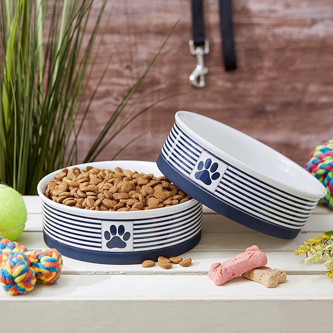 Bone Dry Paw & Patch Ceramic Pet Collection, Large Set, 7.5x2.4", Nautical Blue, (Pack of 2)