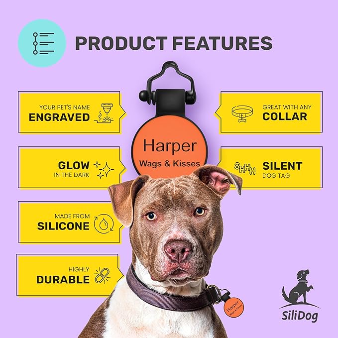 SiliDog - The Original Silicone Silent Dog Tag - Personalized Engraved Soundless Pet ID - As Seen On Shark Tank - Durable - Never Fades - Circle - Purple