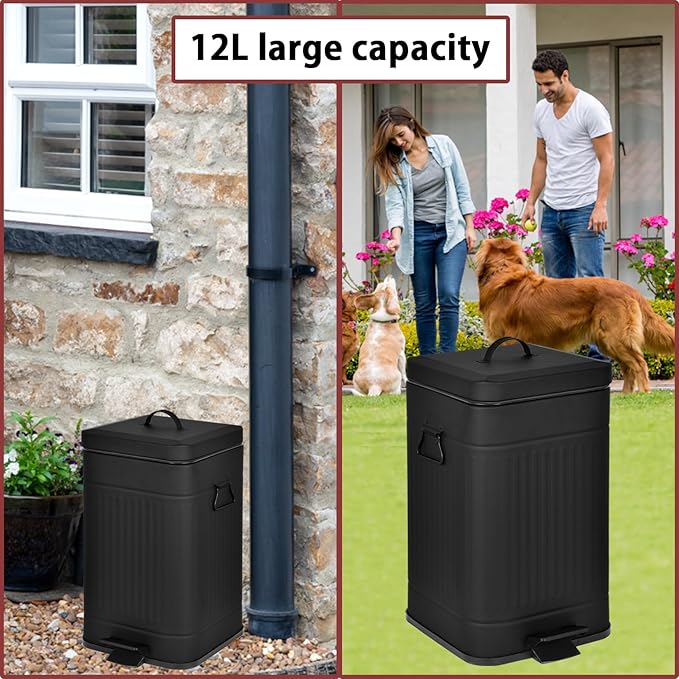 Dog Poop Trash Can with Lid for Outdoors，3.2 Gallon Trash Can with Activated Carbon Filter & Plastic Bags, Pet Waste Container，UP12L-BK-F+90BK