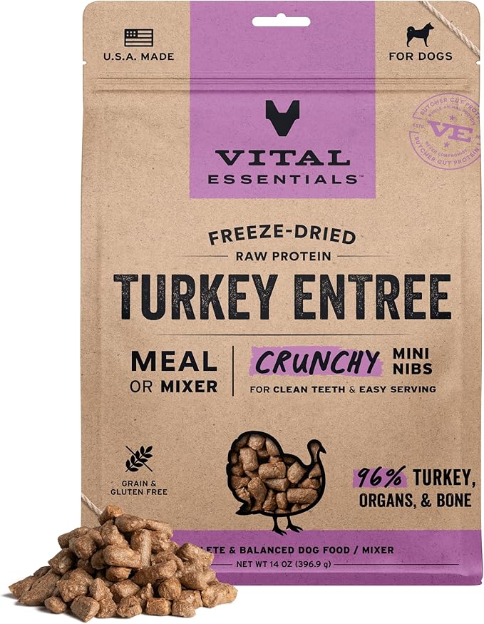 Vital Essentials Freeze Dried Dog Food, Raw Turkey Crunchy Mini Nibs | Complete Meal or Mixer | High Protein, Low Carb, Grain Free, Dry Dog Food | 14 oz