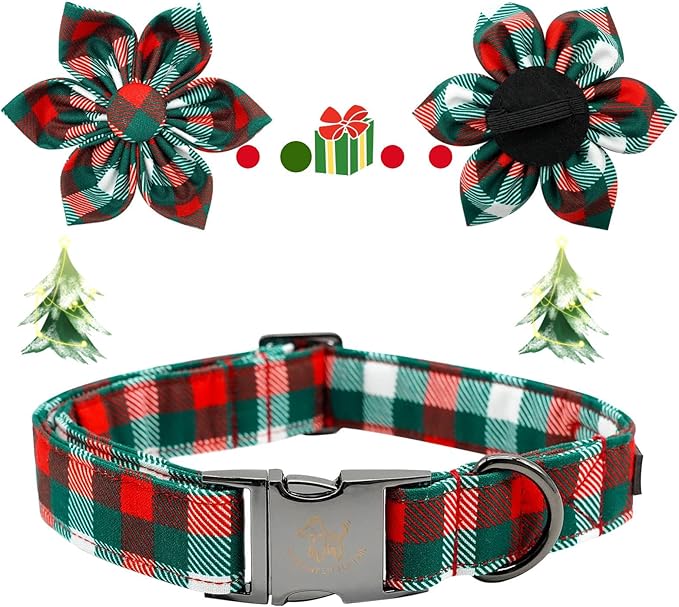 Elegant little tail Dog Collar with Flower, Christmas Dog Collar Plaid Dog Flower Collar Dog Girl Pet Collar Adjustable Dog Collars for Large Dogs