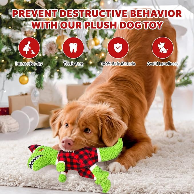 Christmas Dog Toys – Plush Reindeer & Snowman Holiday Set for Small and Medium Dogs, Soft Stuffed Chew Toys with Crinkle Ears, Festive Red Green Plaid, Cute Stocking Stuffer Gift